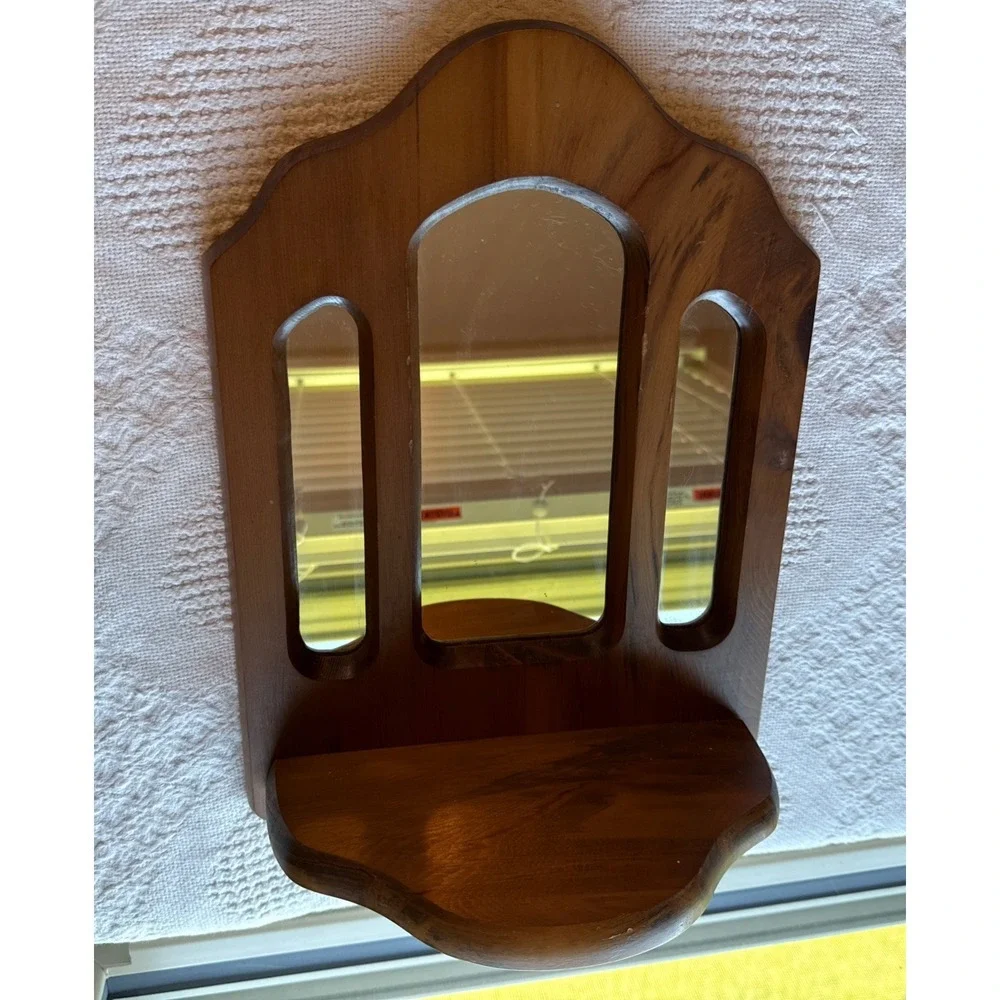 Vintage Wooden Triple Mirrored Wall Shelf Cottagecore Rustic